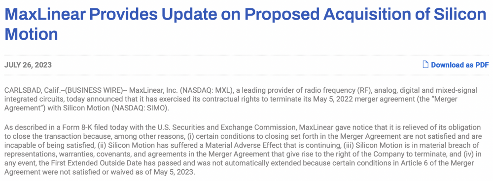 （MaxLinear突然官宣停止收购，图源：公司官网）