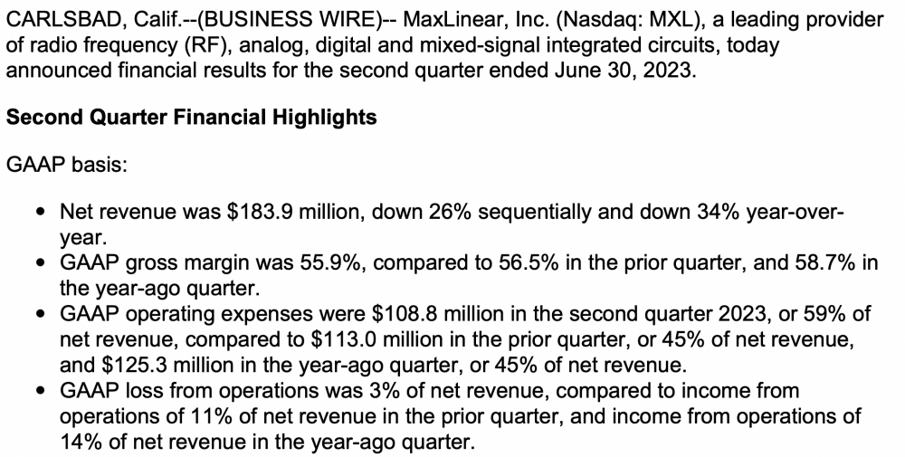（MaxLinear刚刚发布的今年二季度财报，图源：MaxLinear官网）