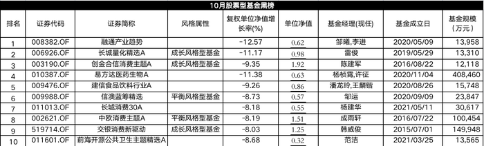 表：10月股票型基金黑榜明细 Wind，界面新闻编制